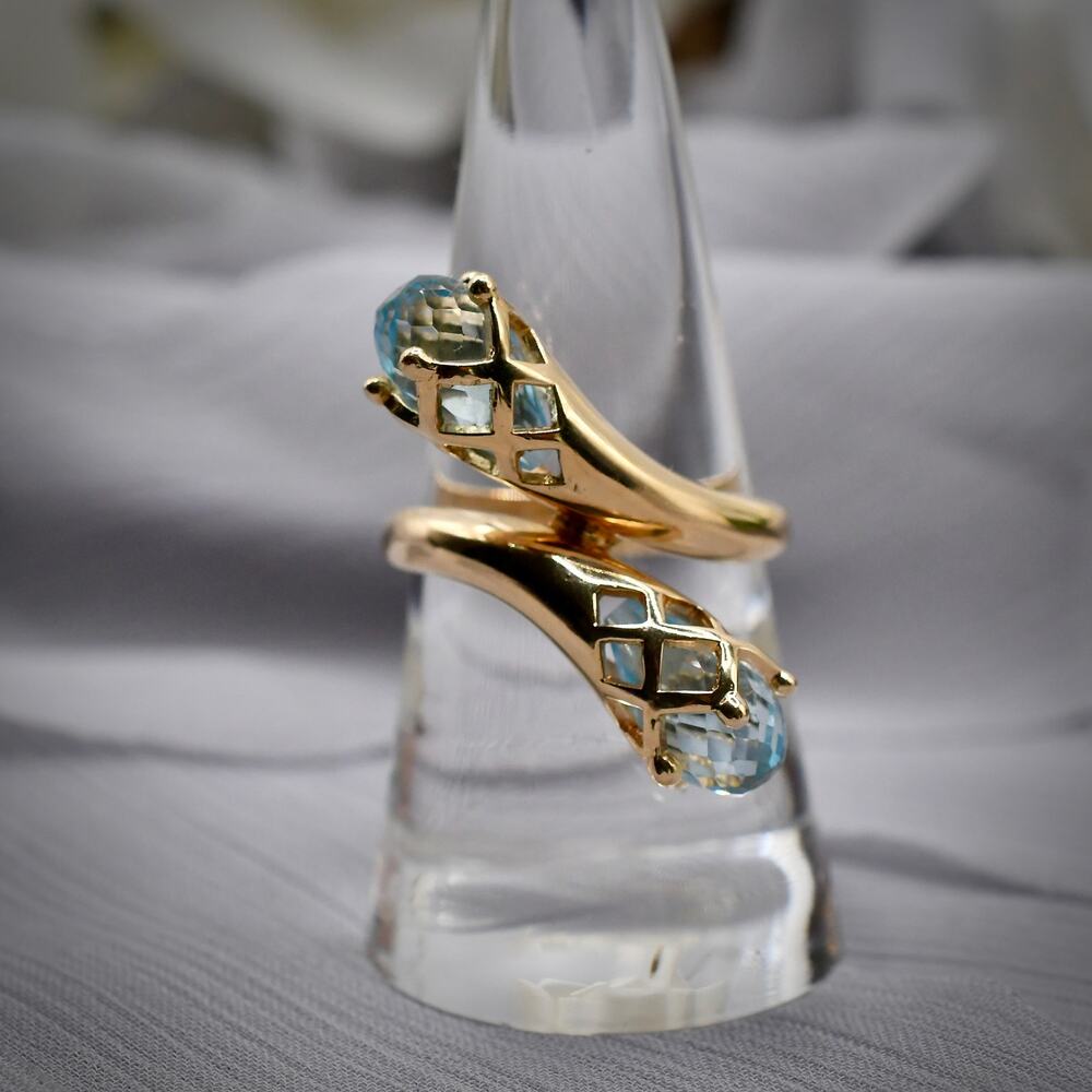 Vintage 14k Gold Blue Topaz Bypass Ring Heavy Retro Pear Cocktail Size 7 - Picture 7 of 14
